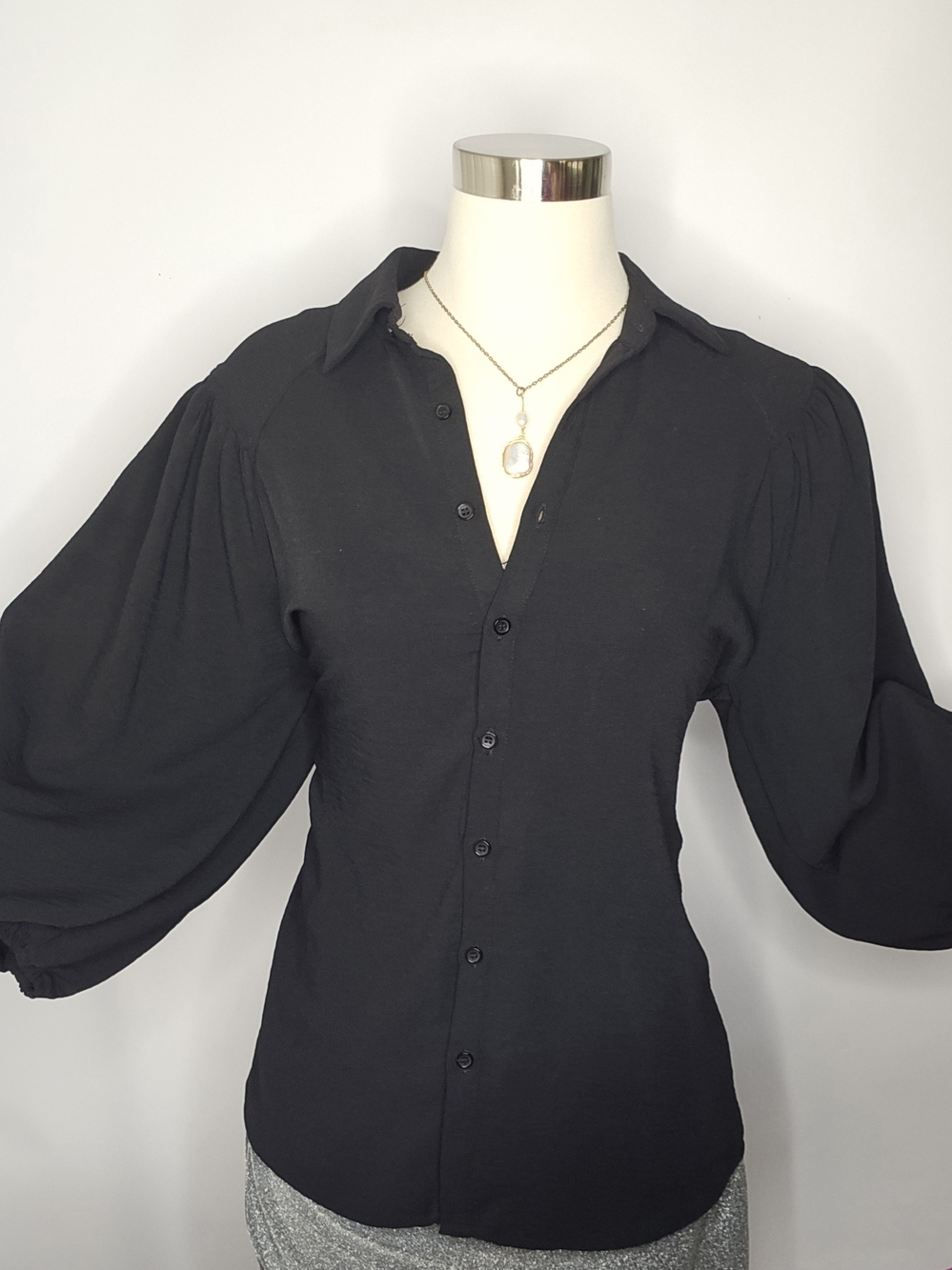 Pleione Black Puff-Sleeve Button-Front Blouse